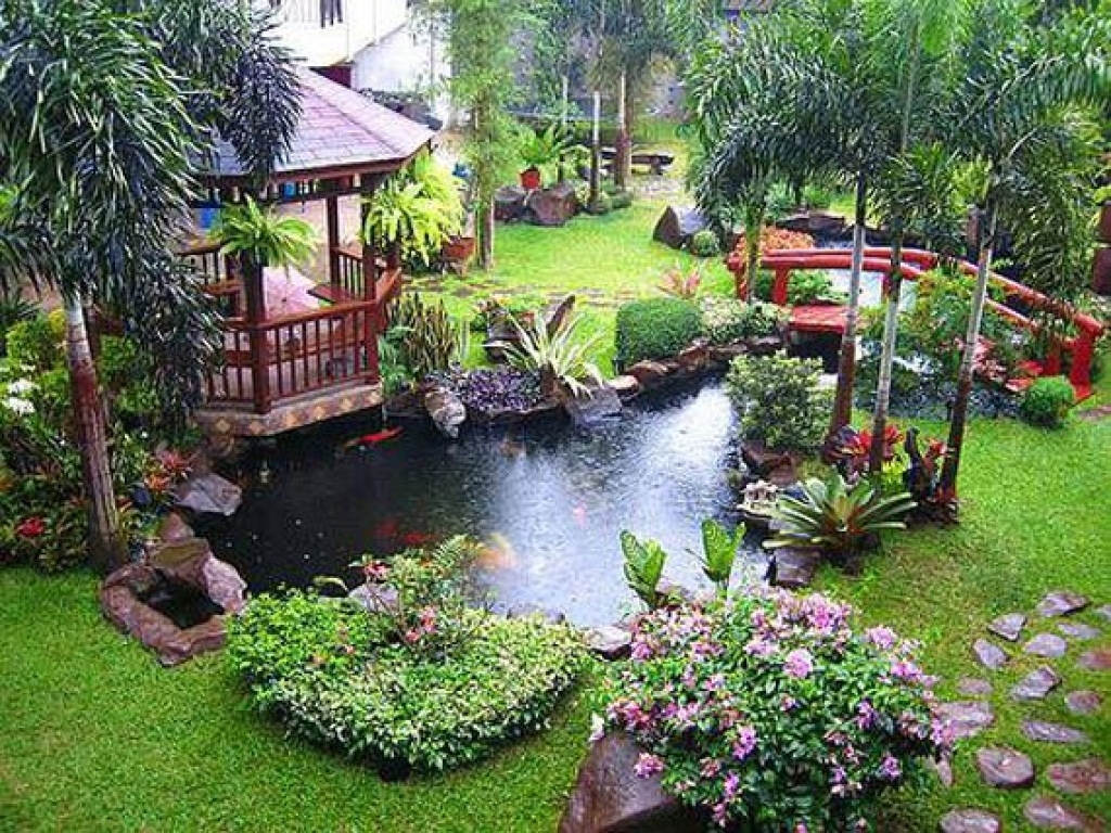 tropical garden with koi pond in Best Inspiring Backyard Designs | LovelySpaces.com